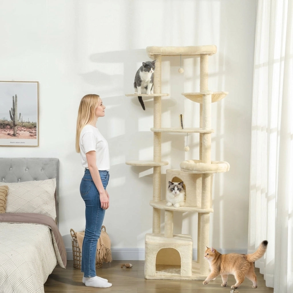 Tiragraffi per Gatti Multi-Livello con Amaca e Cucce; Altezza 200 cm; Beige