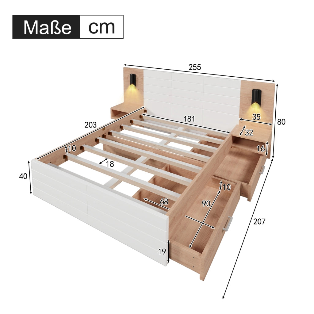 Letto matrimoniale 180x200 cm con comodini, cassetti, luce orientabile e USB