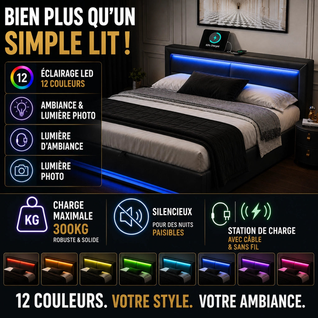Letto imbottito con LED; ricarica USB e wireless; vano contenitore; PU grigio; per materasso 90x190 cm