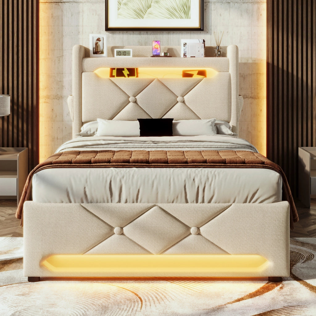 Letto contenitore singolo 90×200 cm con testiera; USB; Type C e LED; materasso incluso; lino; beige