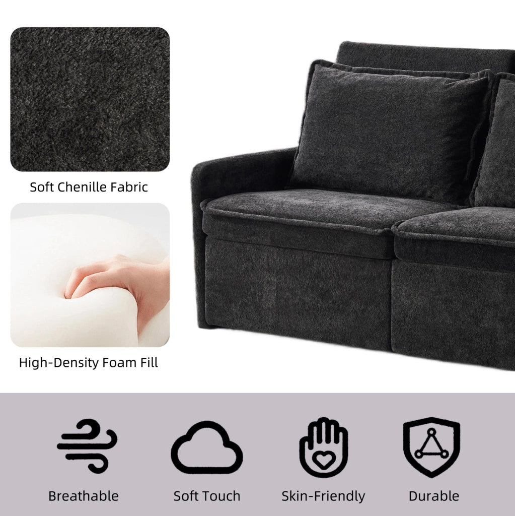 Divano letto pieghevole nero in chenille con schienale regolabile a 5 livelli e porta USB integrata