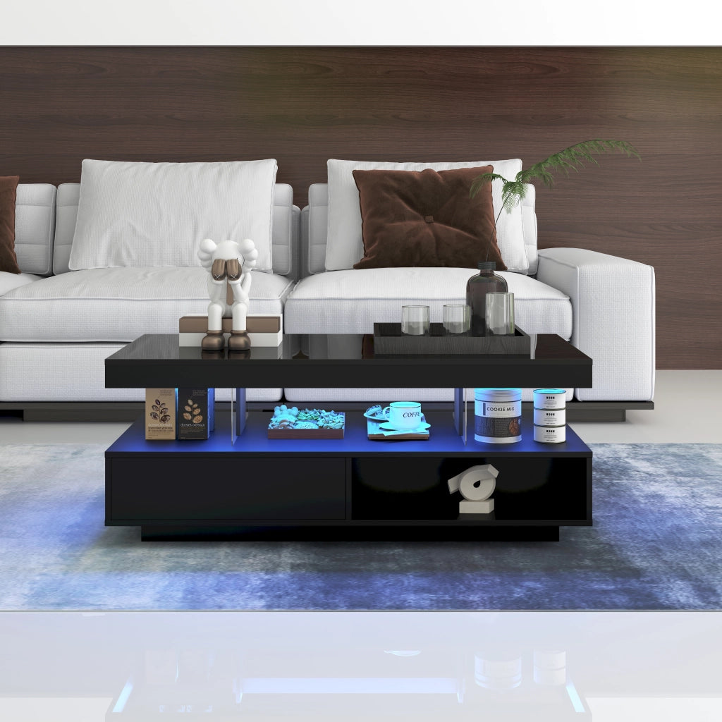 Tavolino da salotto 95x50x42;5 cm con LED Bluetooth; 2 cassetti e 2 vani; nero in truciolare