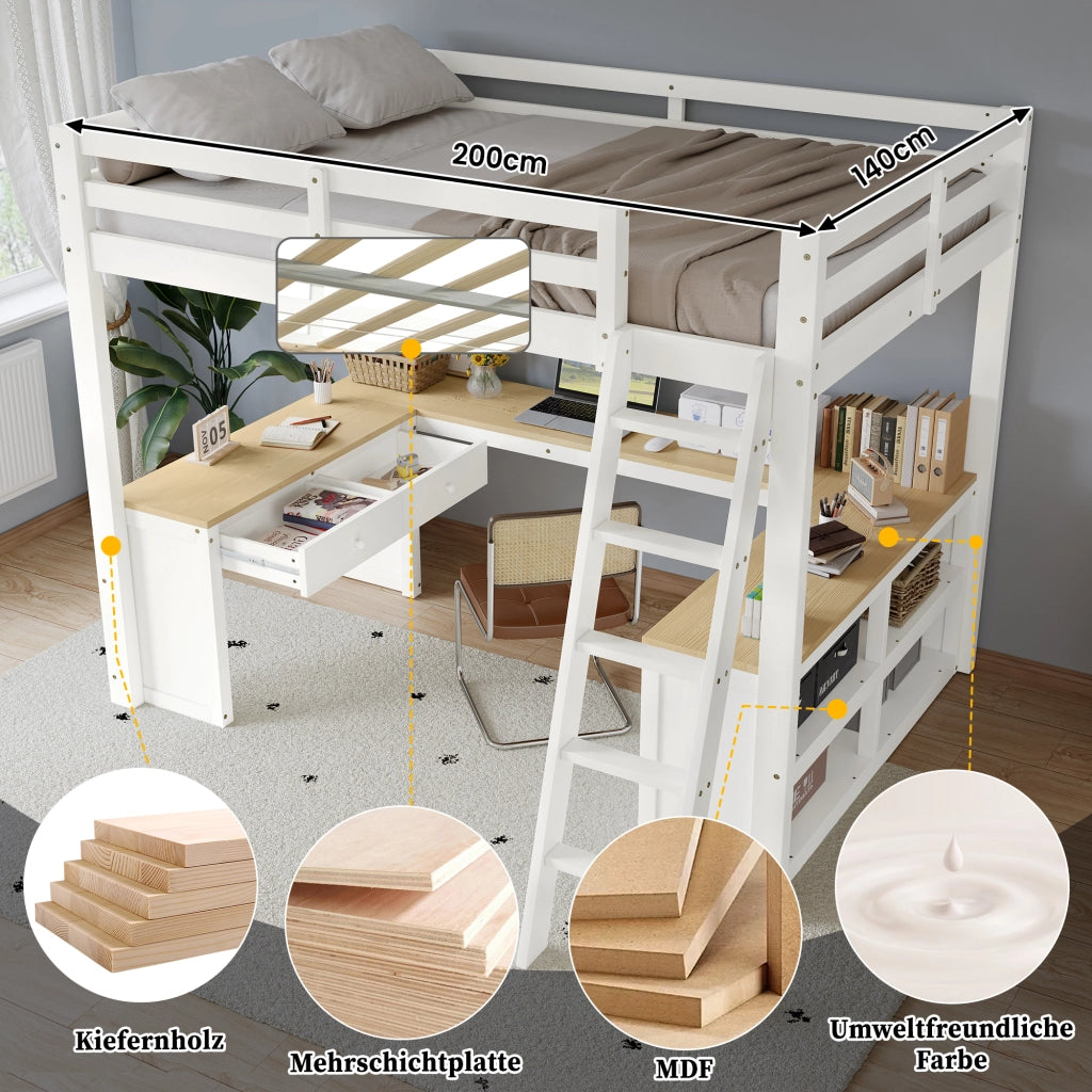 Letto a soppalco per bambini con scrivania a U; pino e MDF; bianco e naturale; letto 140x200 cm