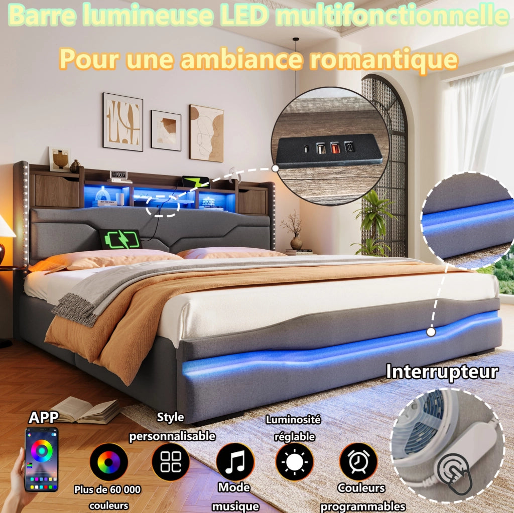 Letto imbottito 180x200 cm con contenitore idraulico, LED e prese USB, grigio
