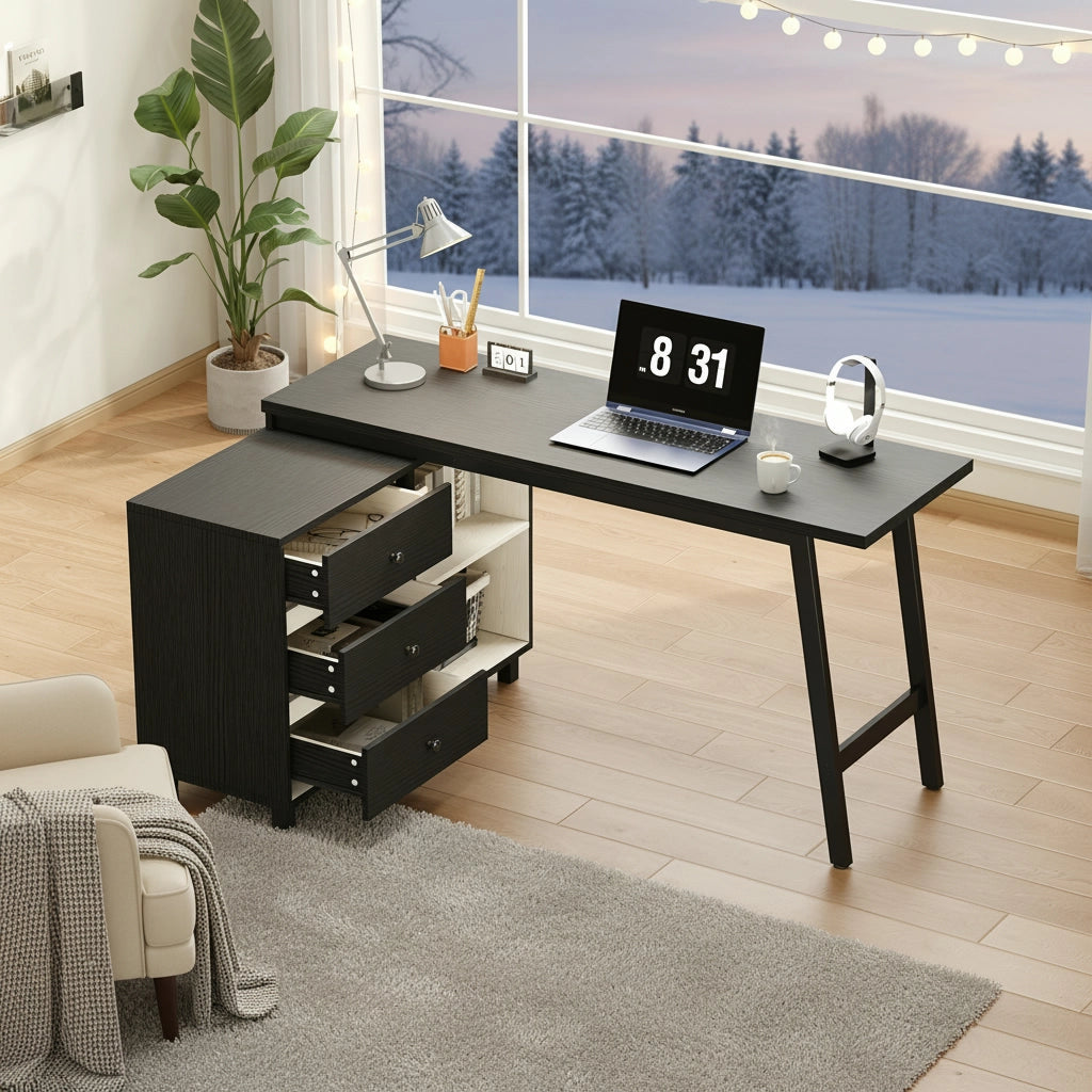 Scrivania angolare con 3 cassetti e 2 vani aperti in MDF e acciaio per ufficio e studio nero bianco 150 × 100 × 76 cm