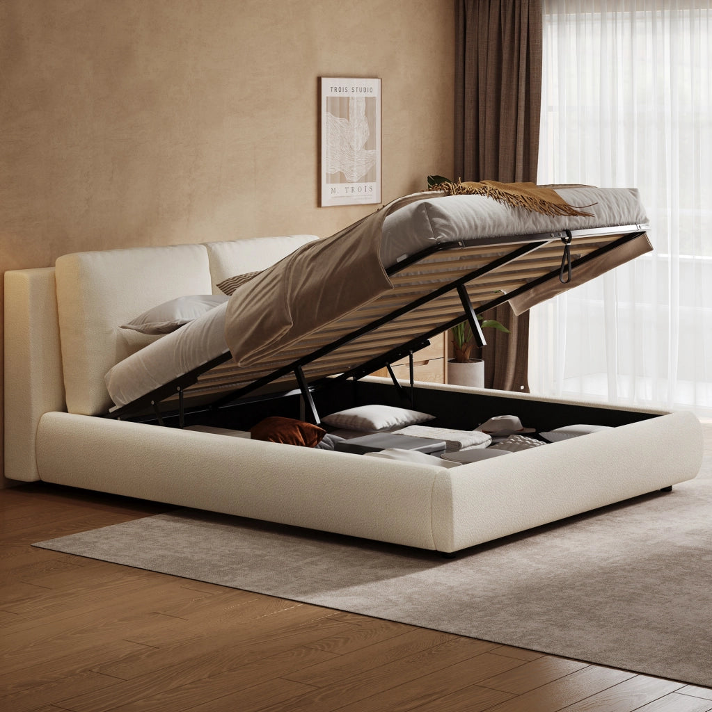 Letto matrimoniale imbottito YEAVIO 180x200 cm con contenitore, rete a doghe e testiera in bouclé beige