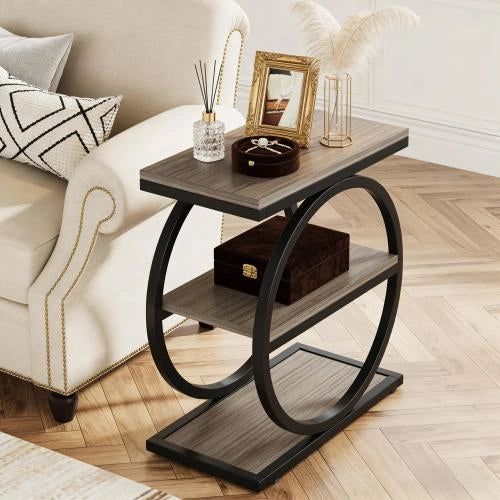 TAVOLINO A 3 RIPIANI NERO/GRIGIO IN MDF E METALLO