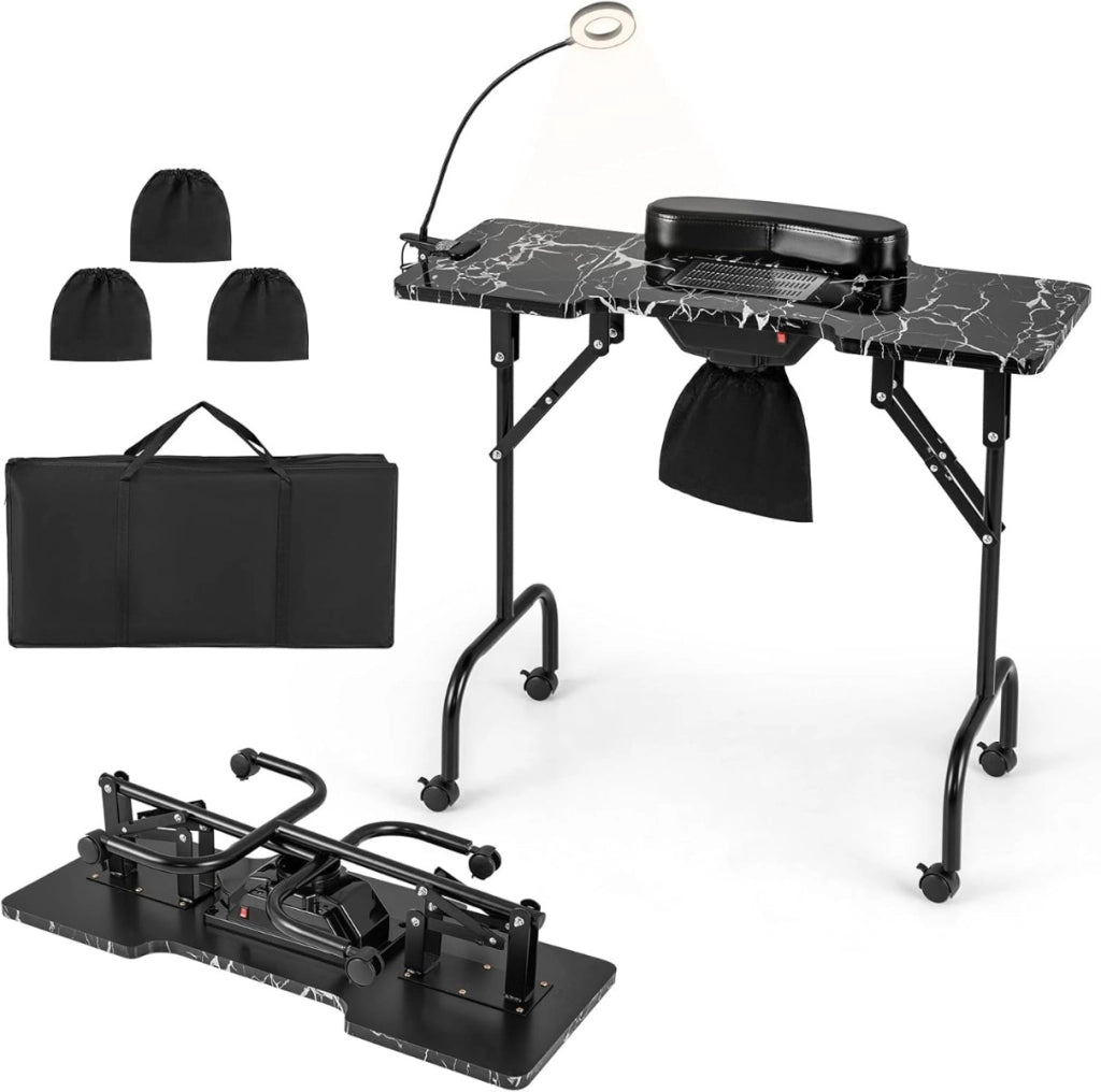 Tavolo manicure pieghevole con aspiratore elettrico e borsa da trasporto, Scrivania portatile unghie con luce led Nero