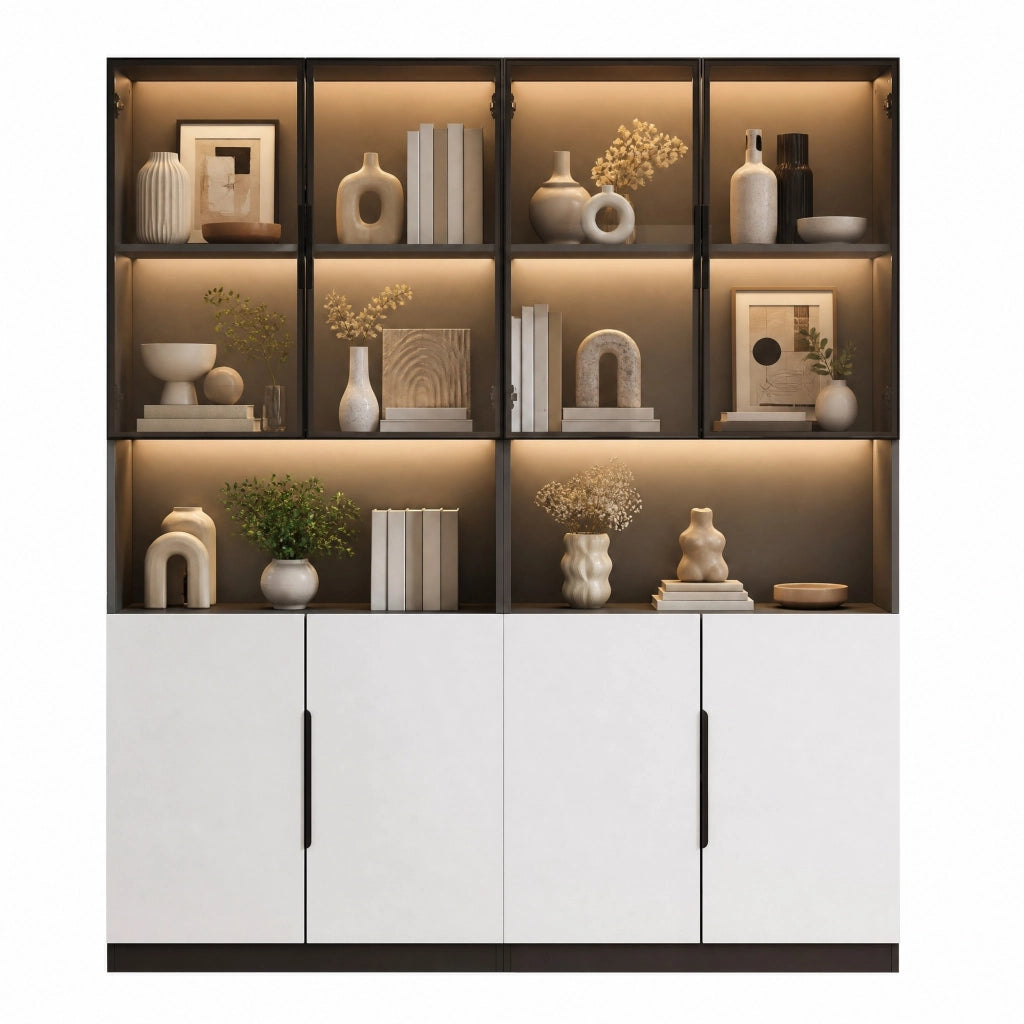 Vetrina alta in legno 80x30x200 cm bianca e nera con LED e contenitore