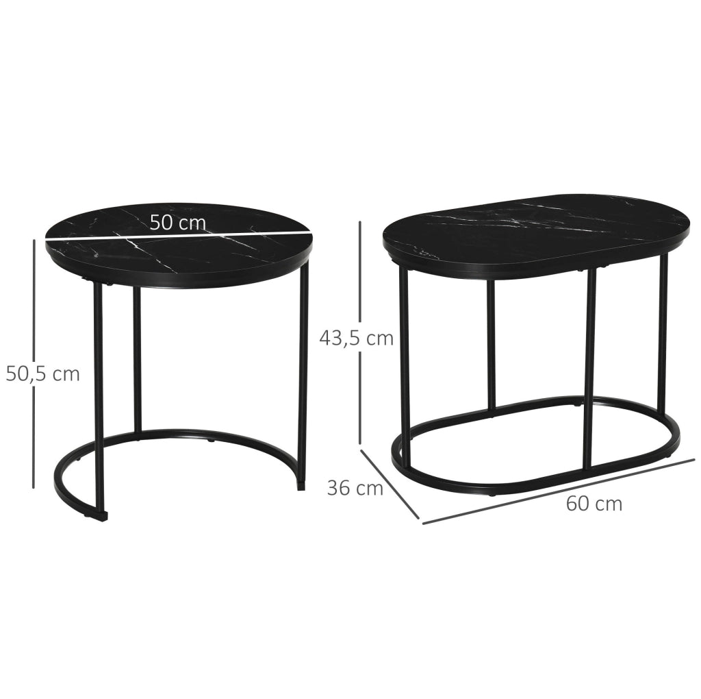 Set di 2 tavolini da salotto rotondo e ovale effetto marmo nero in MDF e acciaio impilabili