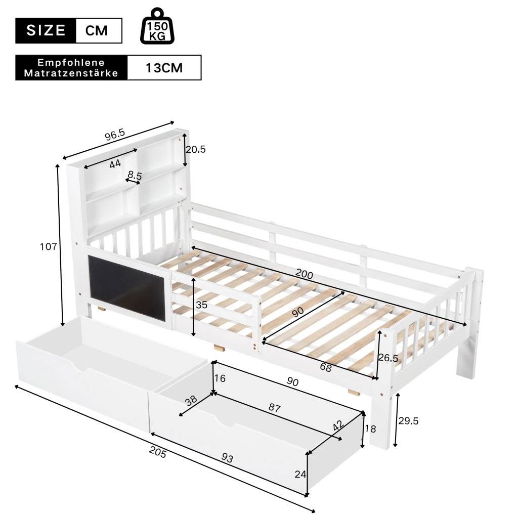 Letto bambini multifunzione in legno bianco 90x200 cm con cassetti e lavagna, senza materasso