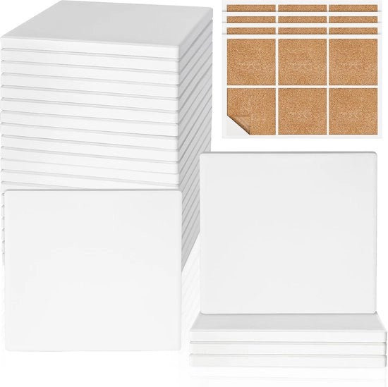 Tegole ceramica per hobby, 24 pezzi 4 pollici basi vuote, tegole ceramica non verniciate bianche con 24 pezzi di legno per la base per dipinti, inchiostro alcool, resina acrilica, DIY, mosaico, quadrato