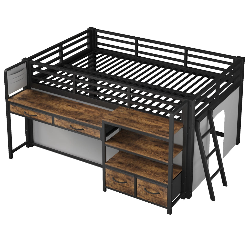 Letto a soppalco 140x200 cm con scrivania integrata; scaffali e cassetti; metallo nero