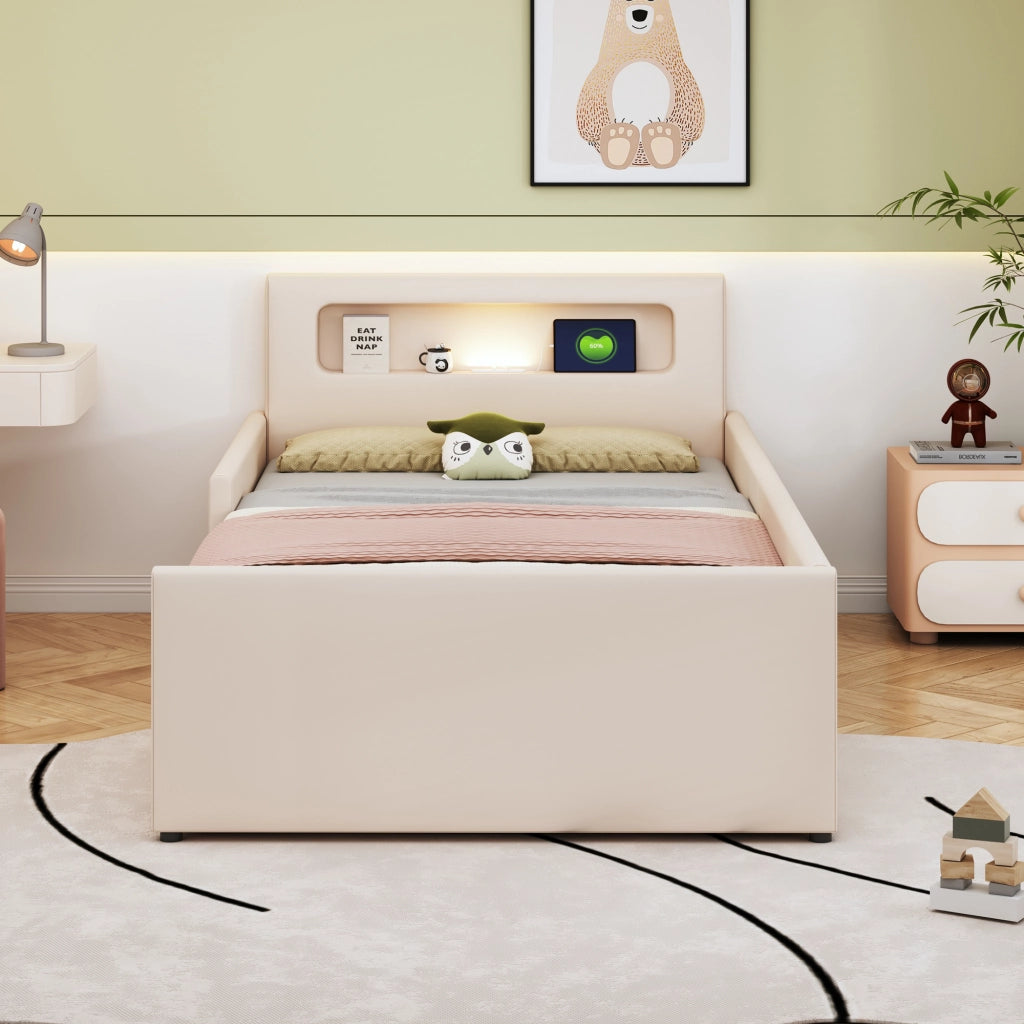 letto imbottito ecopelle beige 90 x 200 cm