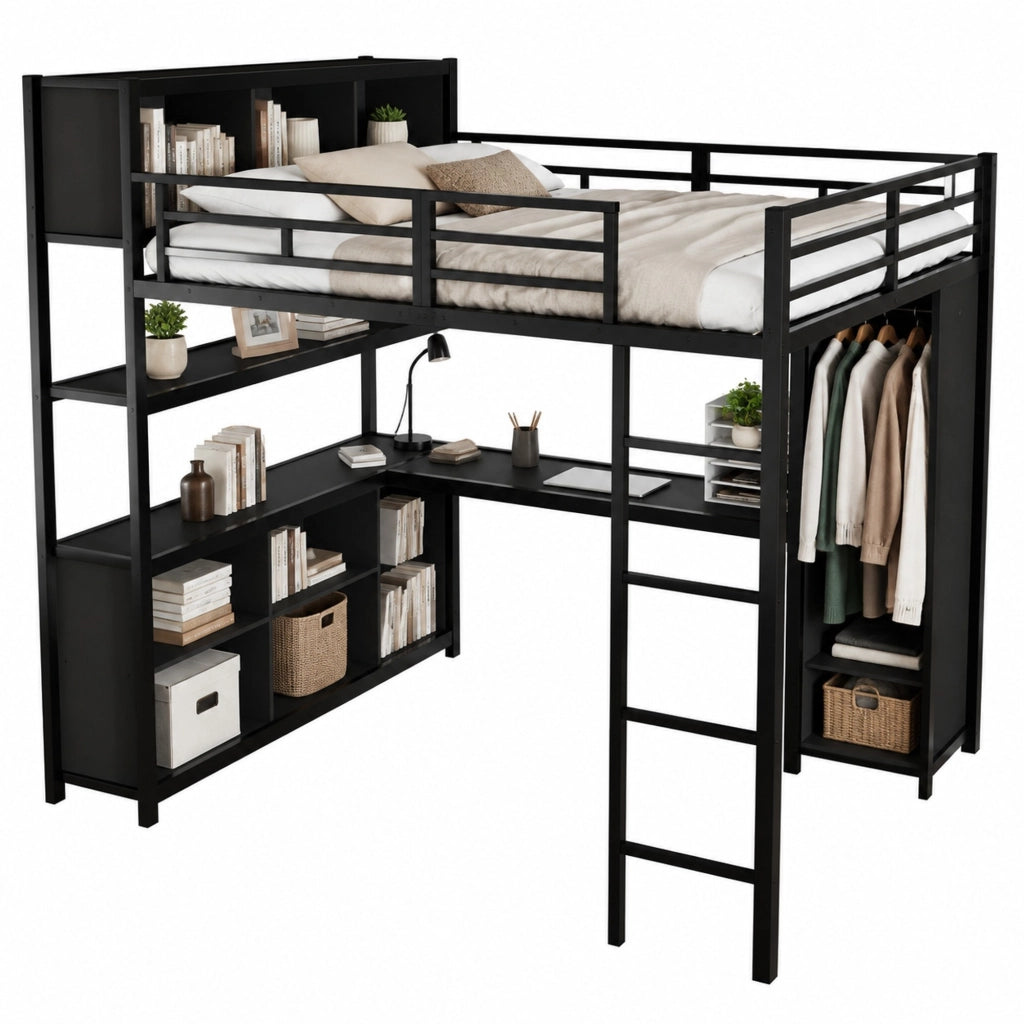 Letto a soppalco 140x200 cm con scrivania; armadio e vani contenitore in metallo e truciolare nero