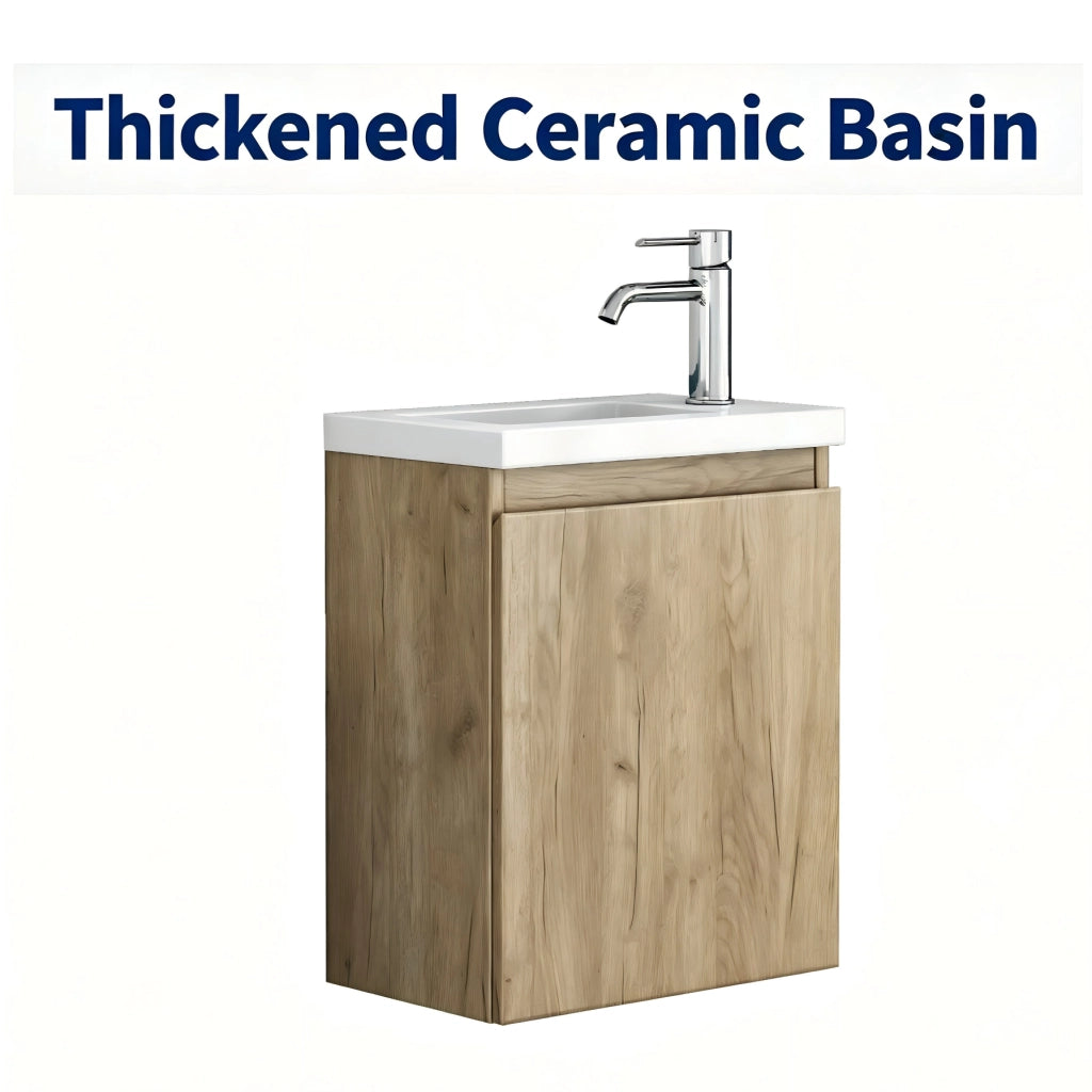 Mobile bagno sospeso 40 cm con lavabo in ceramica e specchio design senza maniglie in MDF colore rovere