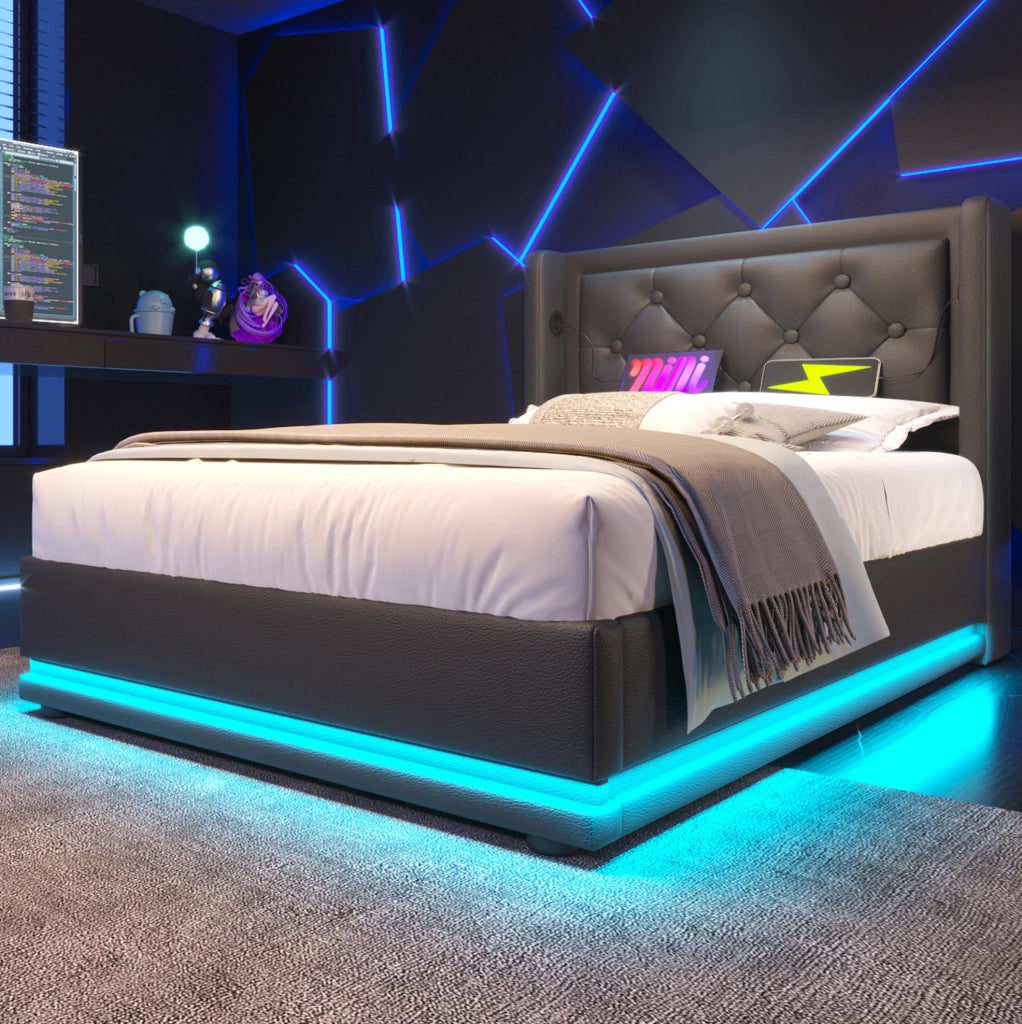 Letto contenitore 90x200 cm con LED e USB C; PU nero