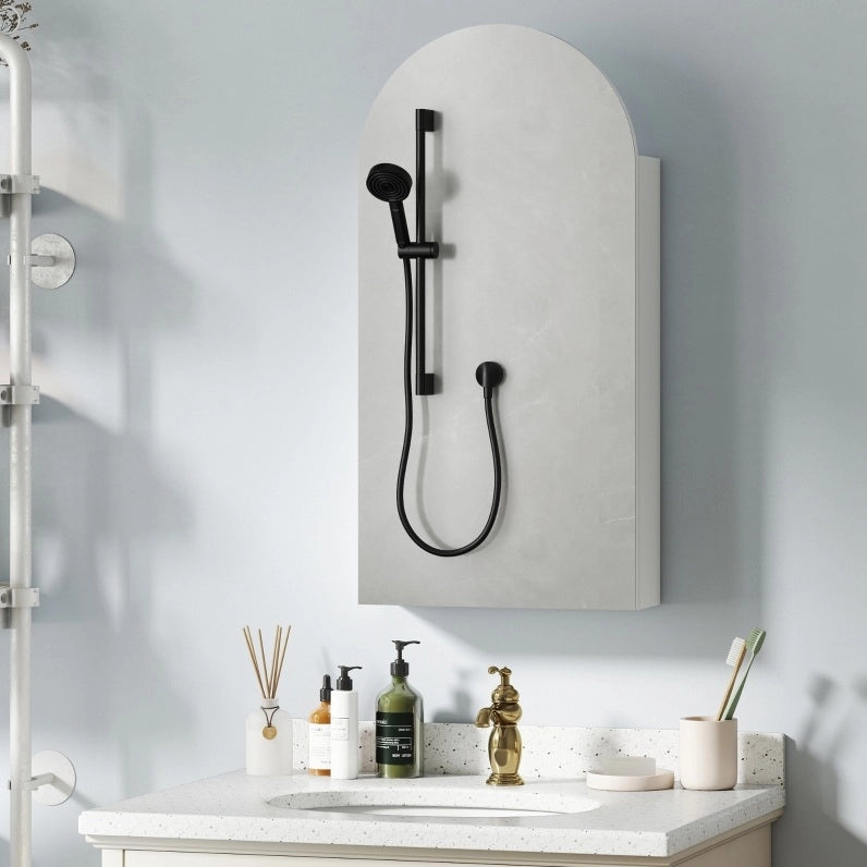 Specchiera da bagno bianca con mensole in vetro regolabili e specchio ad arco senza cornice