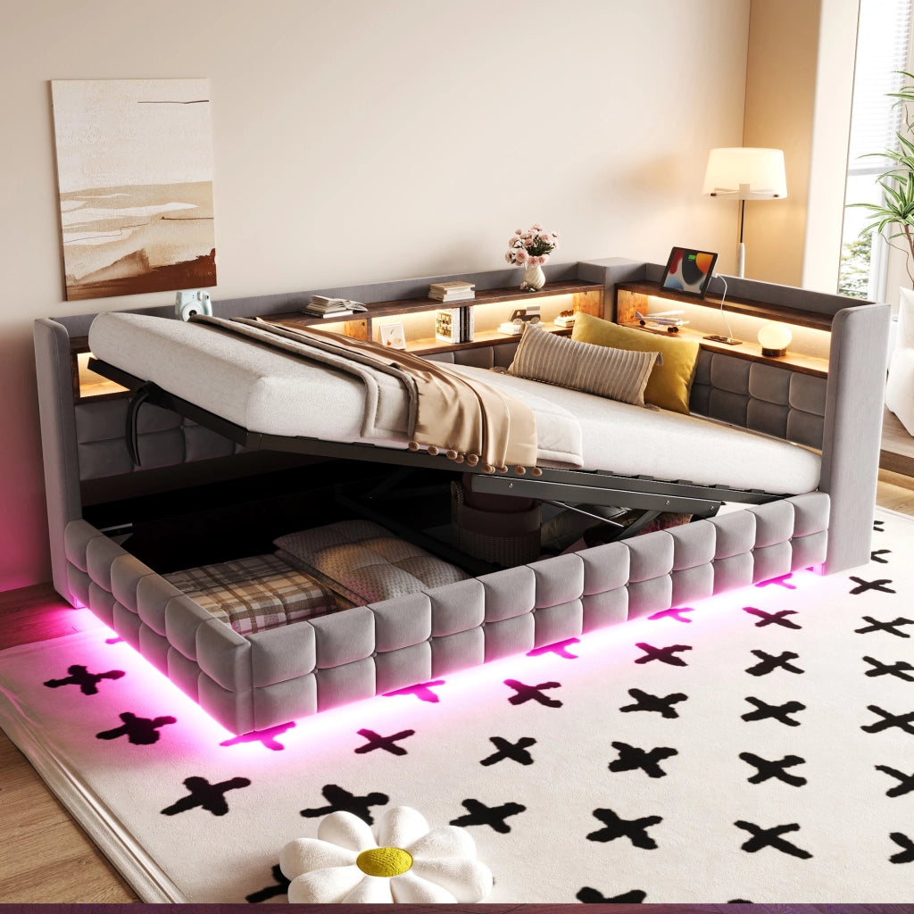 Letto contenitore singolo 90×200 cm con LED; USB e Type-C; ripiani e vano idraulico; senza materasso; grigio chiaro