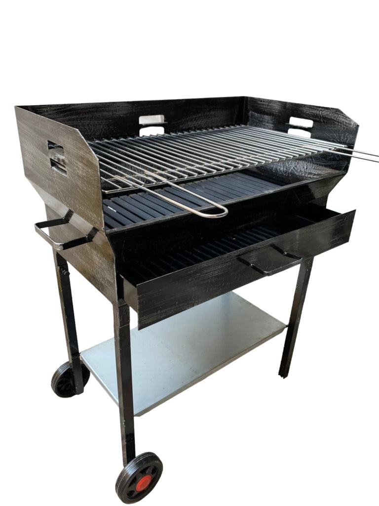 Barbecue a Legna e Carbonella in Ferro, con Ruote, Regolabile su 2 Altezze, Griglia in Acciaio, Ripiano poggia utensili 50x38cm
