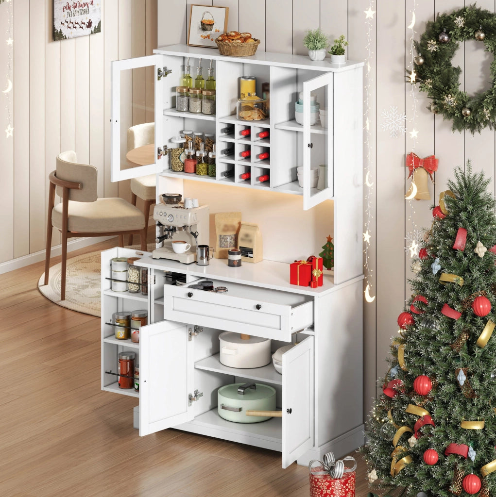 Mobile buffet con LED a cambio colore, ripiani regolabili, prese integrate, 180x105x40 cm, bianco e vetro temperato