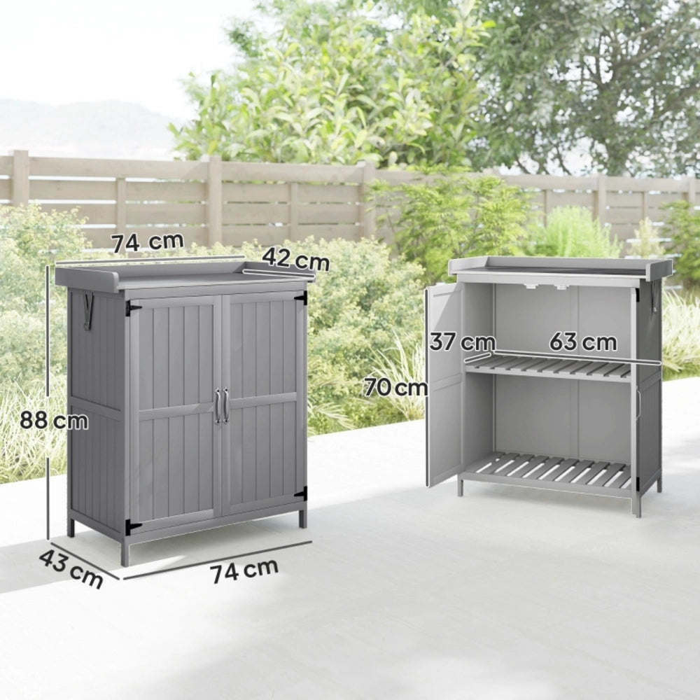 Armadio da esterno in legno con piano di lavoro; ante doppie e acciaio inox grigio 74 × 43 × 88 cm