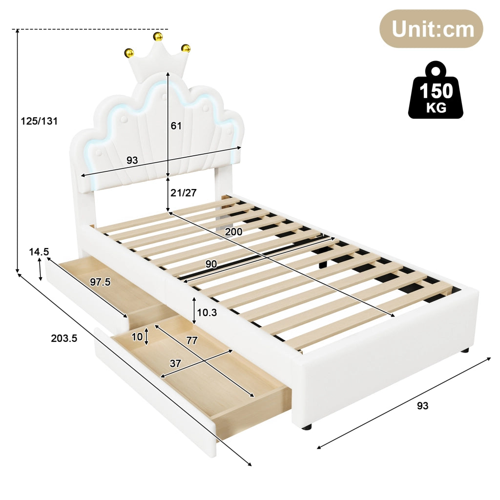Letto con cassetti 90 × 200 cm con testiera regolabile LED a 16 colori telecomandato rivestito in PU bianco