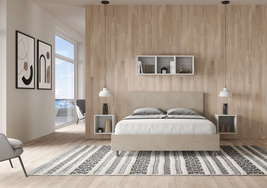 BS COM Letto matrimoniale francese contenitore imbottito 140x200 microfibra sabbia