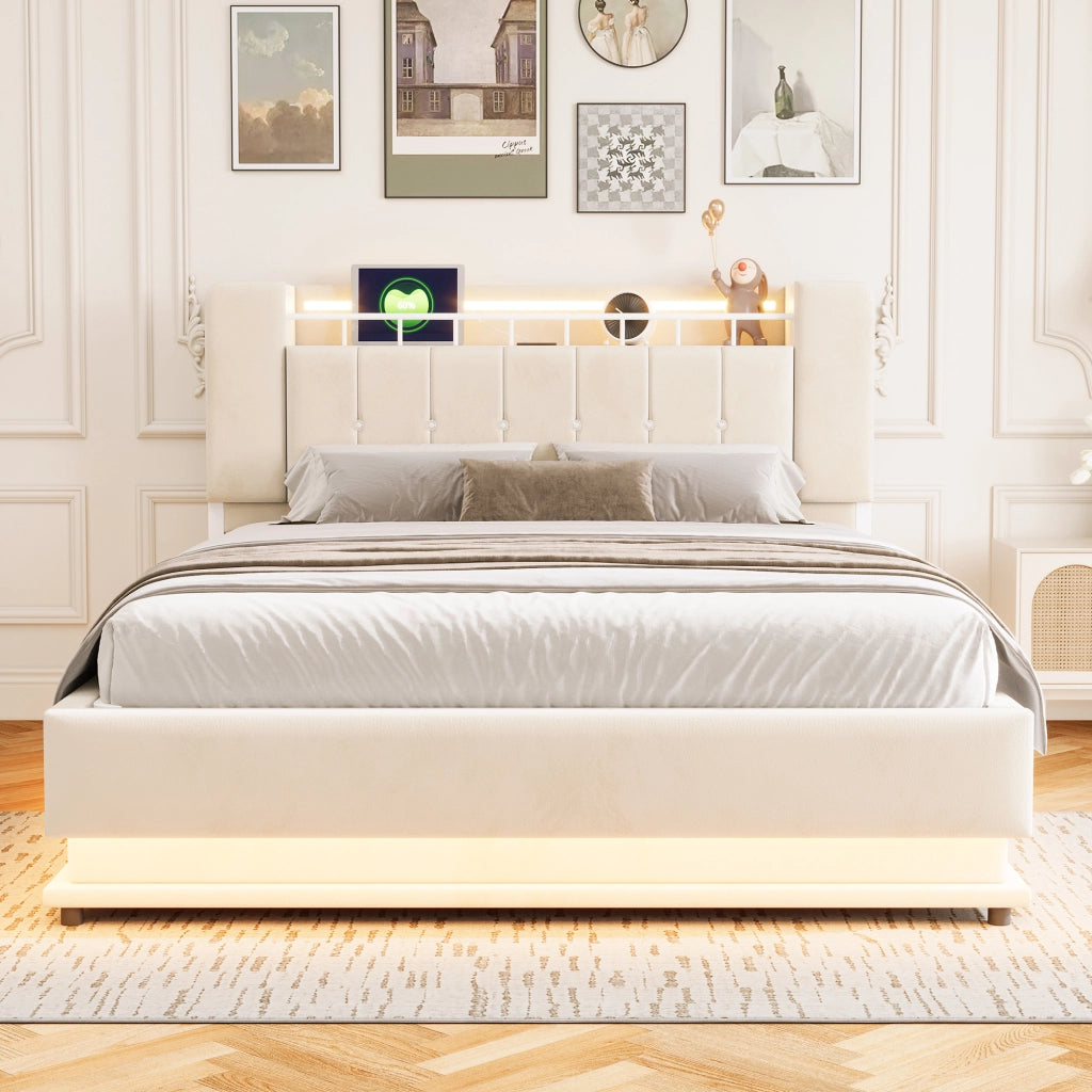 Letto imbottito 160 ¡Á 200 cm con LED USB contenitore idraulico in velluto beige rete a doghe in metallo