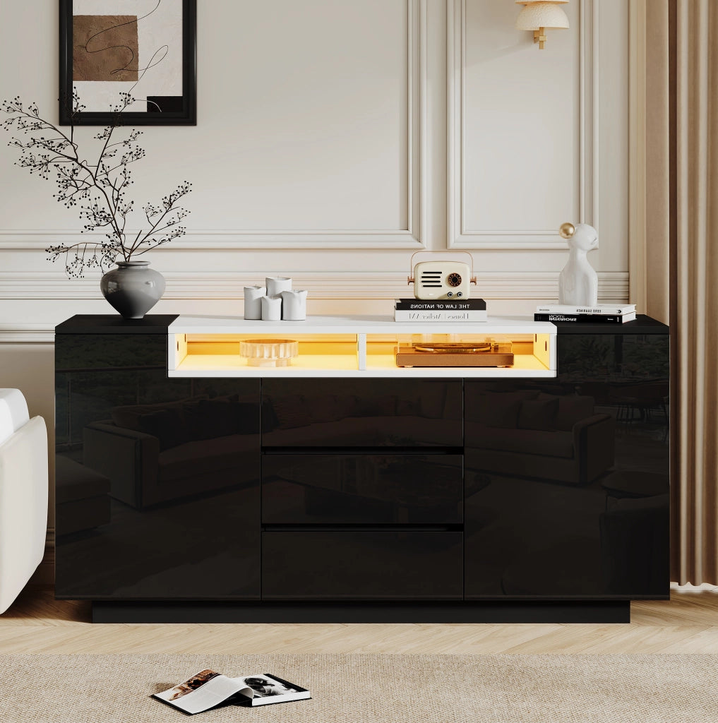 CREDENZA LED 140x40x68 cm con 2 ante e 3 cassetti in truciolare nero