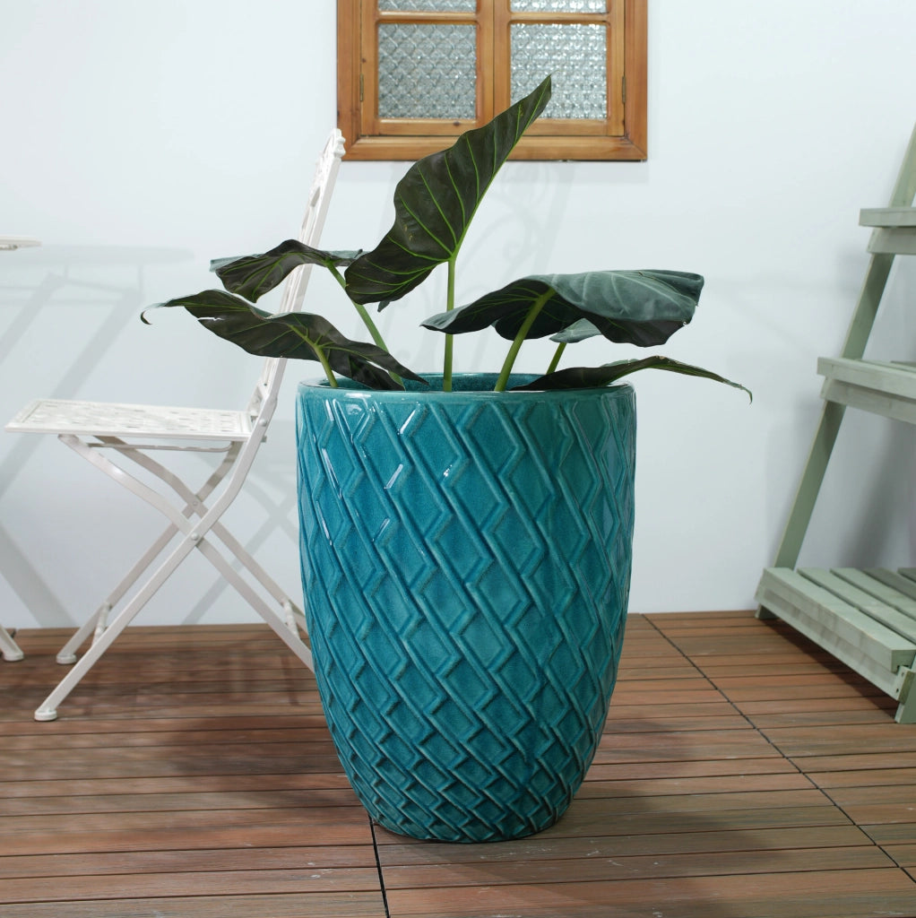 Grande Vaso in Ceramica Artigianale, 42 cm di Diametro × 54 cm di Altezza, Blu Ciano Lucido con Motivo a Rombo, Traspirante e Resistenti al Gelo con Fori di Drenaggio