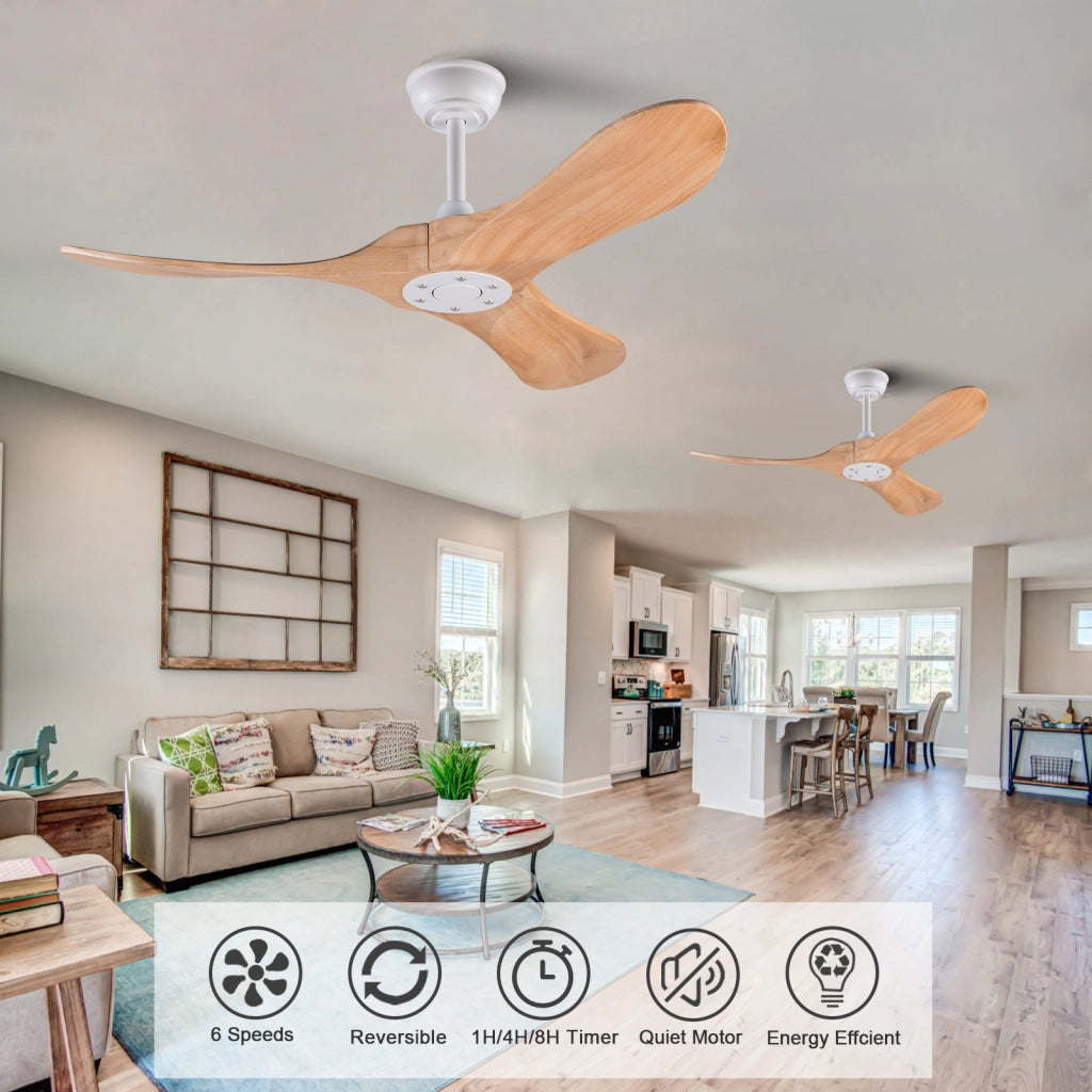 Ventilatore da soffitto con 3 pale in legno; telecomando e motore DC; bianco e legno naturale