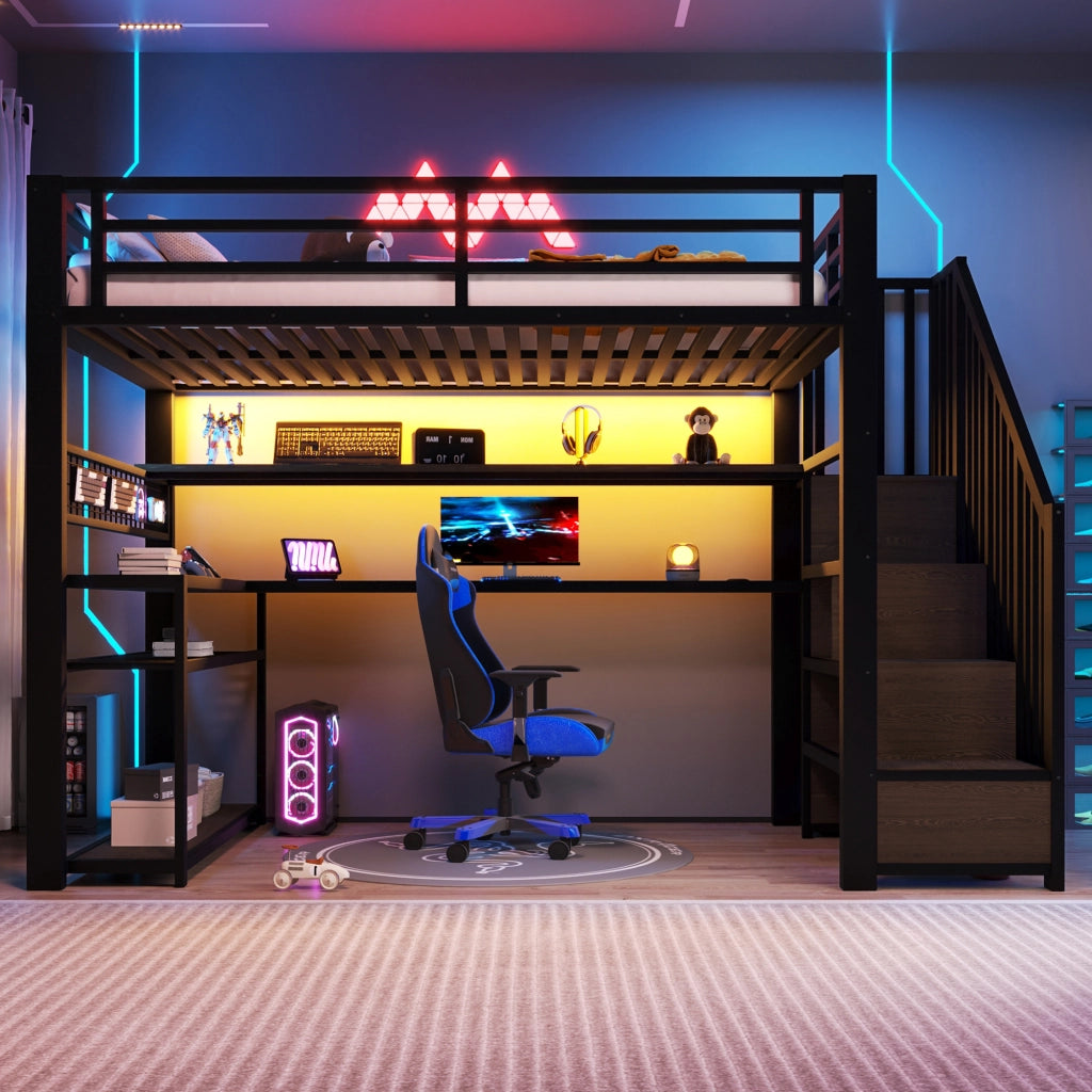 Letto a soppalco 90 × 200 cm con scrivania armadio LED RGB scala contenitore in metallo e MDF nero