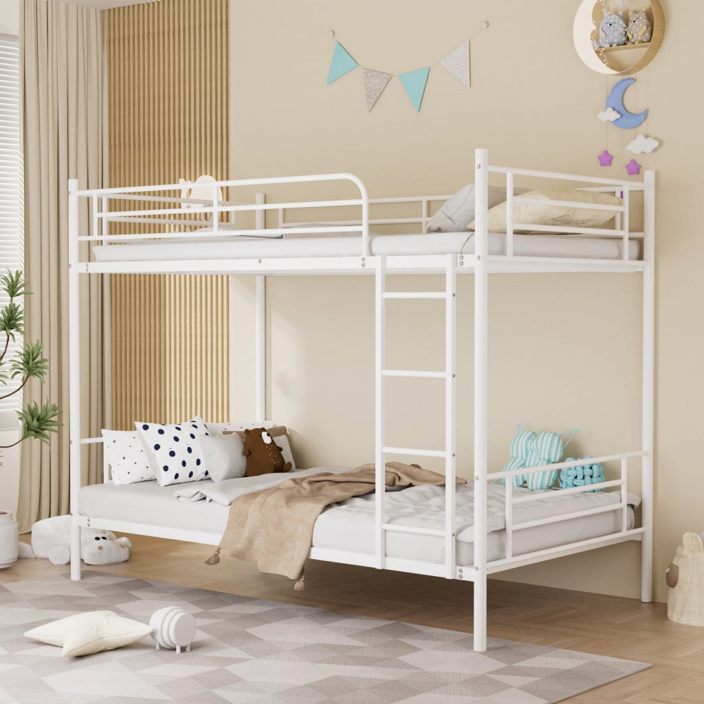 Letto a castello 90 × 190 cm 2 posti con scala e barriera anticaduta, senza materasso, acciaio bianco