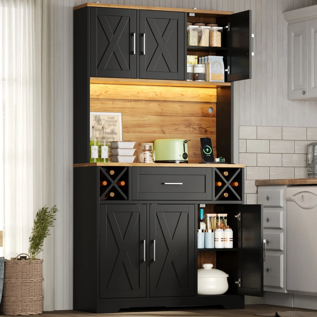 Credenza da cucina con LED RGB; vano aperto; cassetto; portabottiglie estraibili; prese e porte scorrevoli 105 × 40 × 180 cm