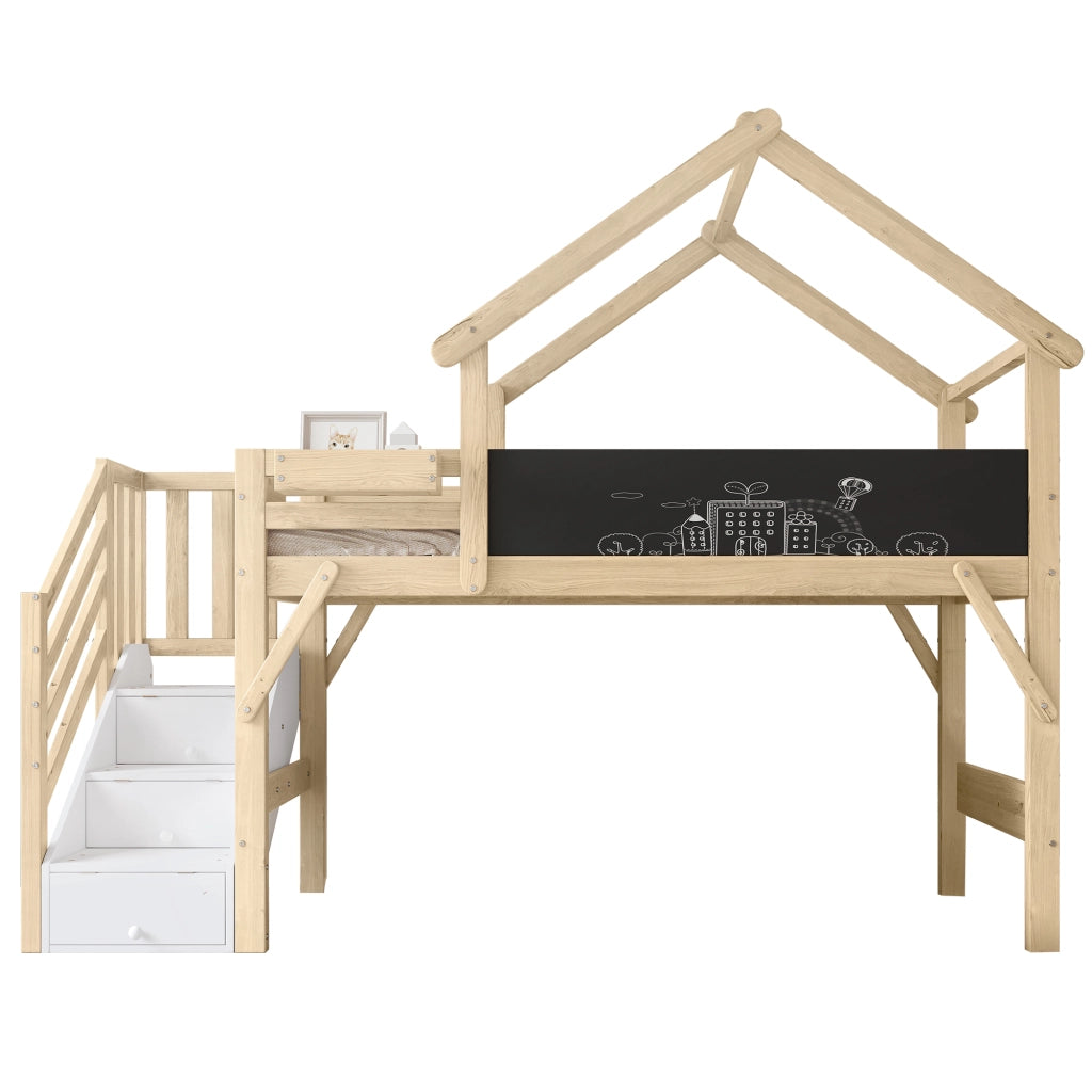 Letto a castello per bambini 90 × 200 cm con scala contenitore lavagna e tetto in legno bianco e naturale