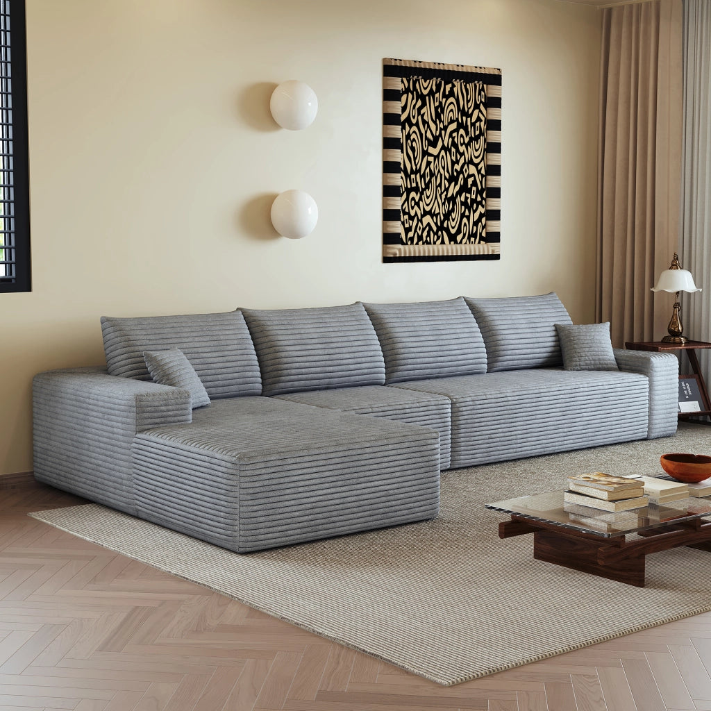 Divano angolare modulare 340 cm con chaise longue a L; 4 posti; velluto a coste; grigio