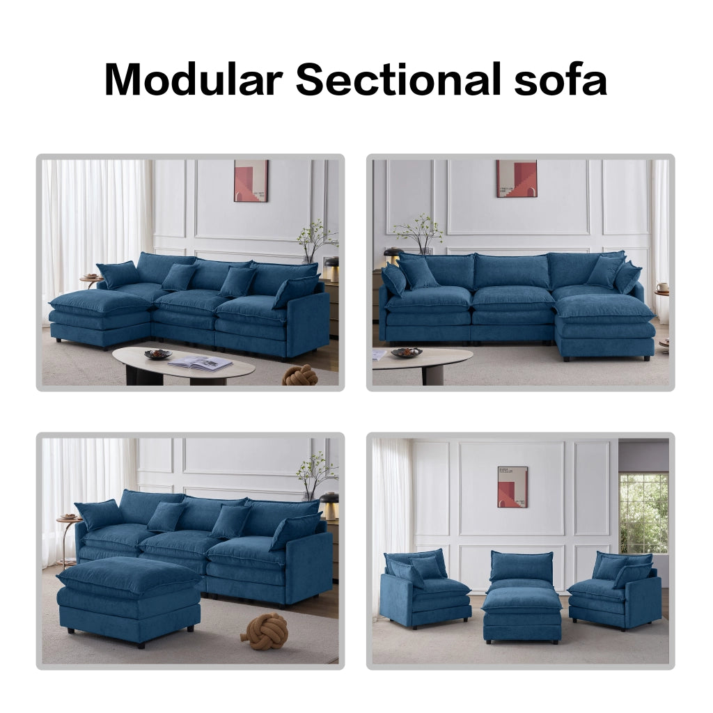 Divano angolare modulare 3 posti con pouf, Chenille Blu