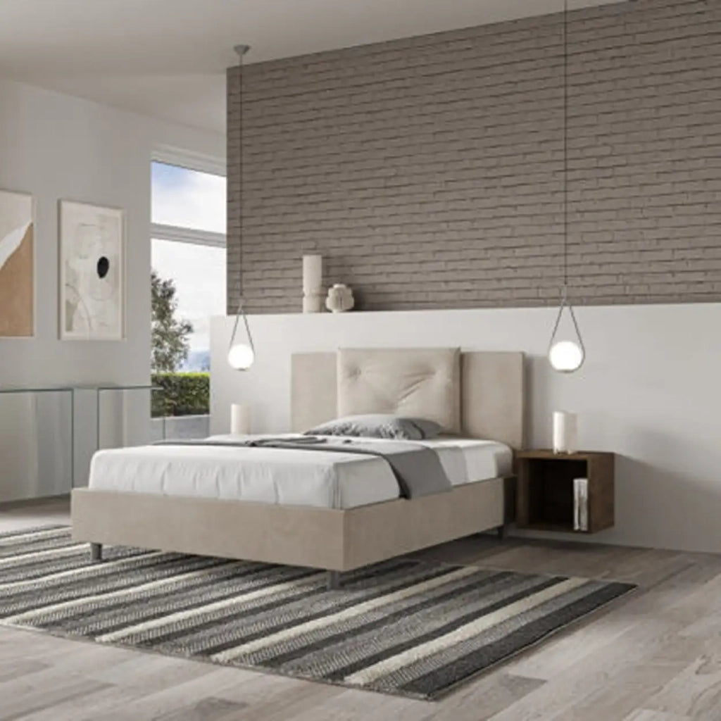 Letto matrimoniale francese con rete imbottito 140x190 microfibra sabbia Appia