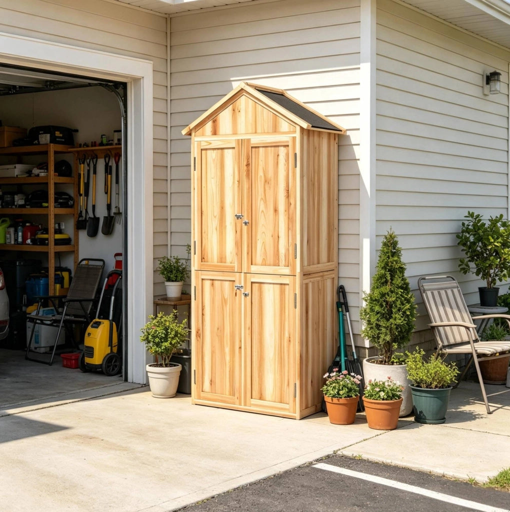 Capanno da giardino in legno di abete con tetto spiovente in asfalto, armadio esterno per utensili 82x50x190 cm
