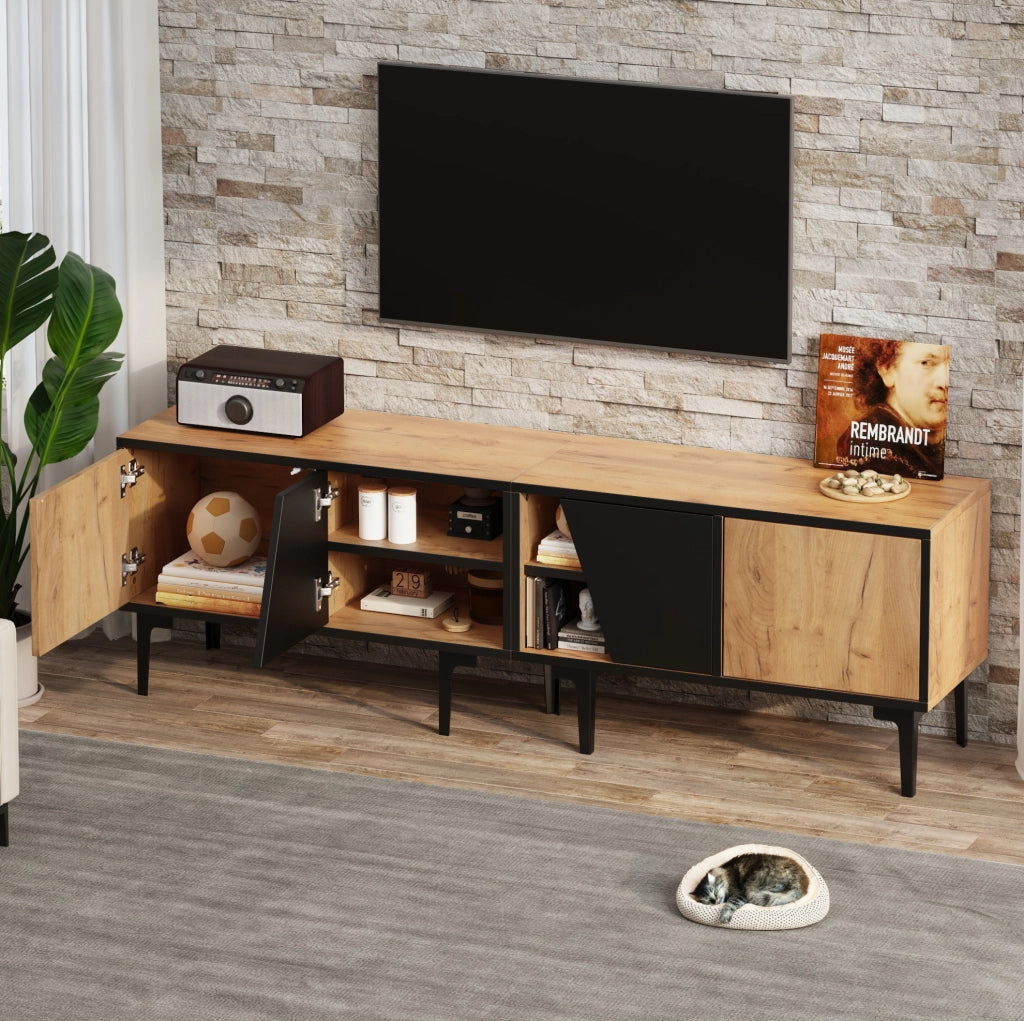 Mobile TV 160x36,5x45 cm con 4 vani in truciolare naturale e nero