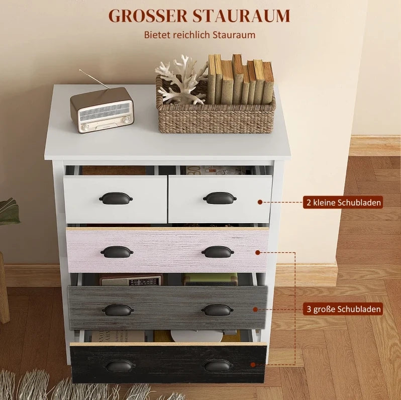Cassettiera bianca con 5 cassetti e dispositivo anti-ribaltamento 70x38x85 cm per soggiorno e camera da letto