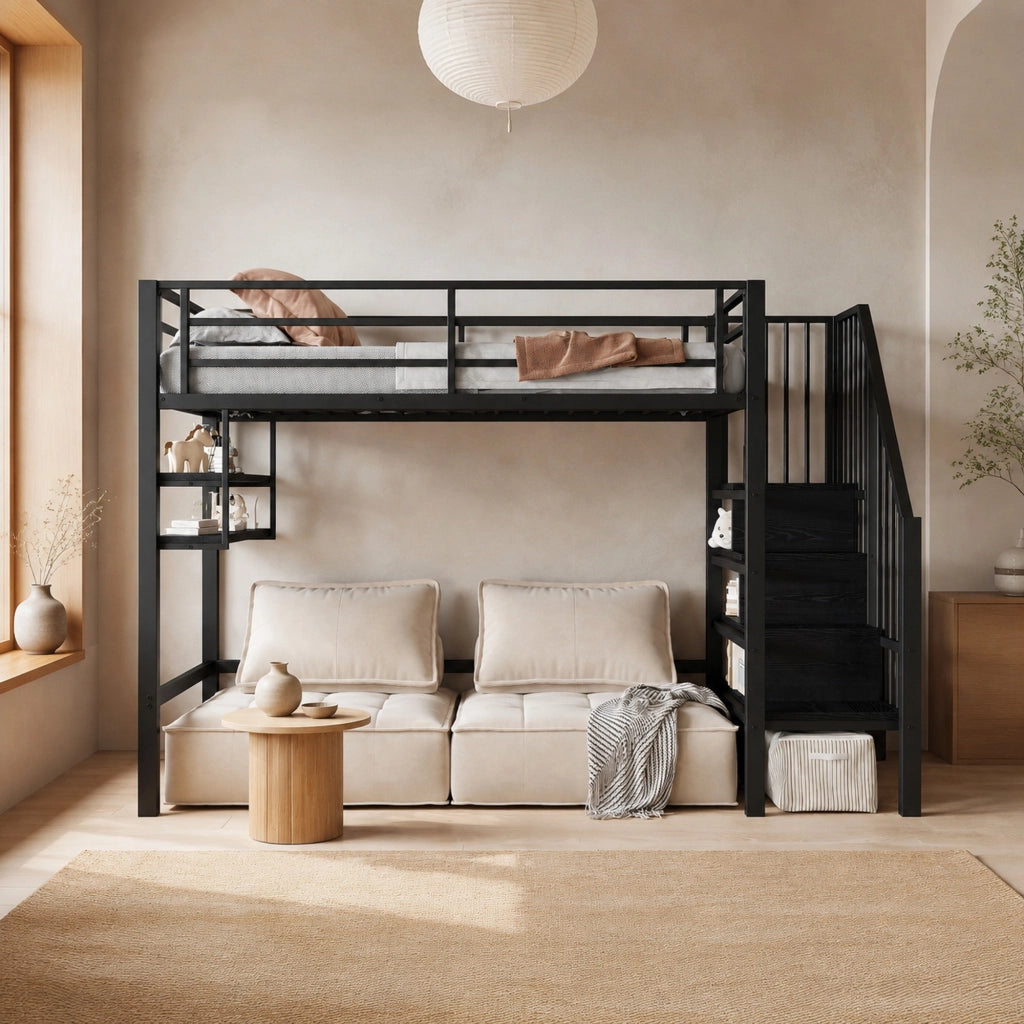 Letto a soppalco per bambini 90x200 cm nero con scaffali