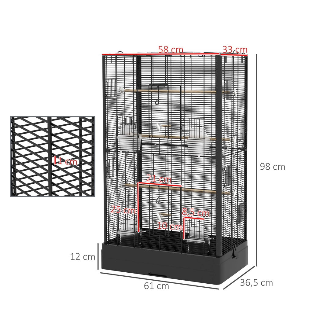 Gabbia per Uccelli ¨C zephmum ¨C Nero 61x36,5x98 cm con 8 Porte 5 Posatoi Vassoio Estraibile 4 Mangiatoie