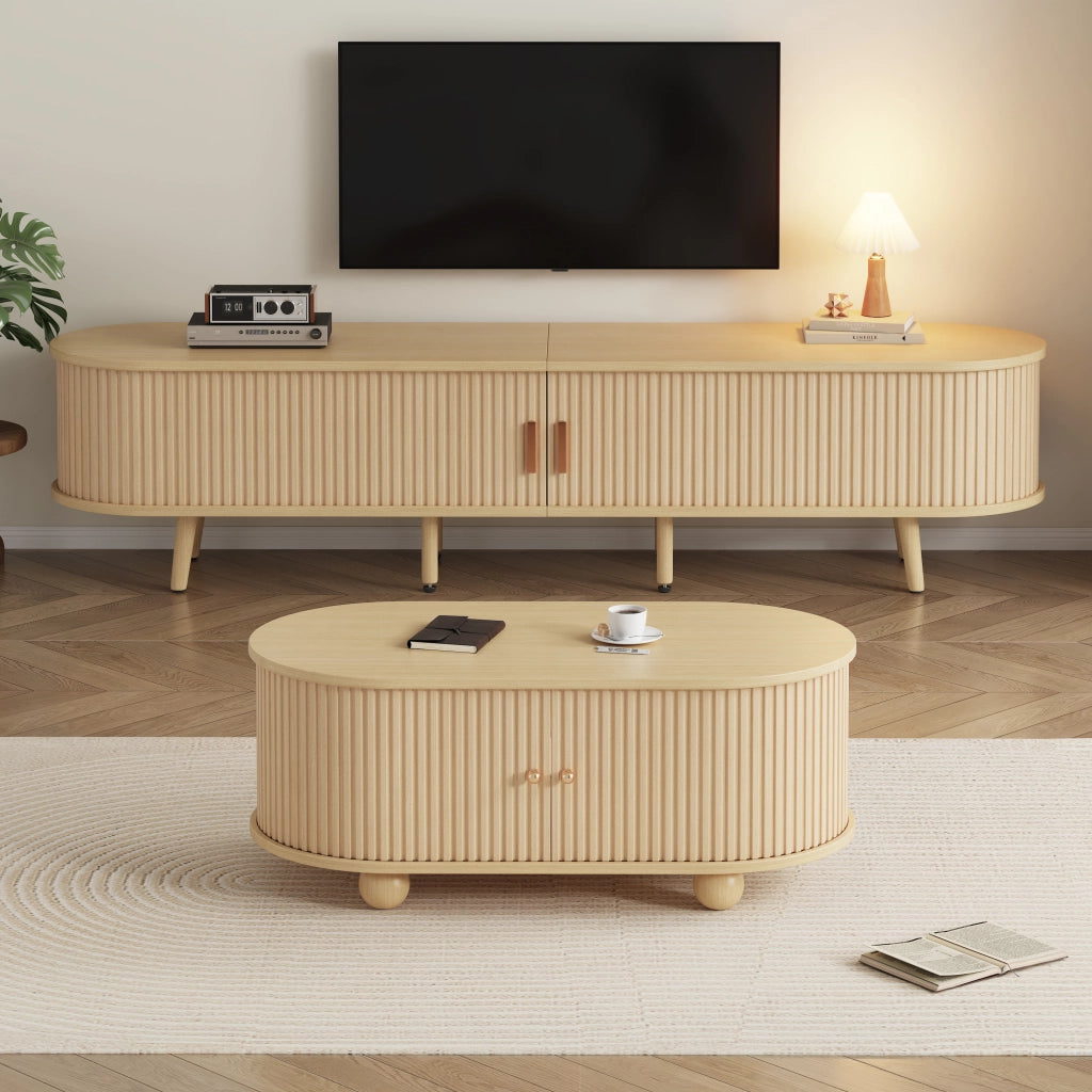 Combinazione mobile TV e tavolino da salotto in MDF; colore noce chiaro; con vani contenitore