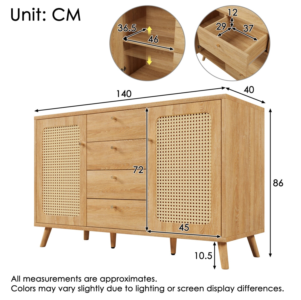 Credenza 140 cm effetto rovere chiaro con 4 cassetti e 2 ante