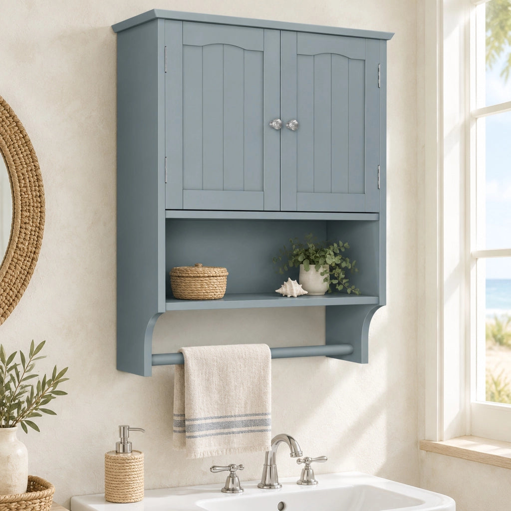 Mobiletto da bagno a muro in MDF grigio chiaro con 2 porte, ripiani aperti e porta asciugamani, 56,8x19x70 cm