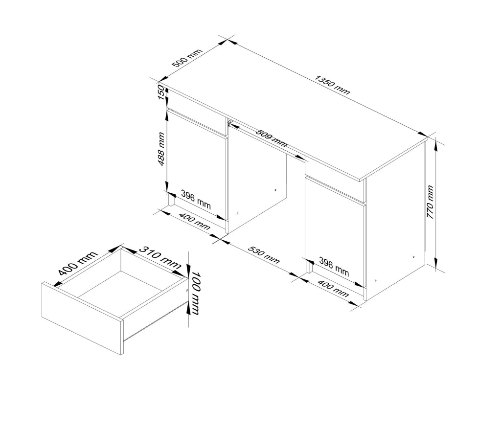 Scrivania per computer AKORD A5 Bianco 135 cm 2 ante 2 cassetti 135x50x77 cm