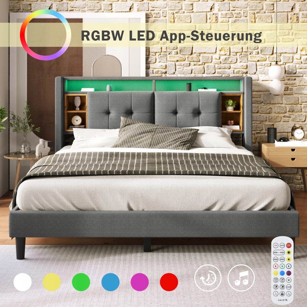 Letto imbottito 140x200 grigio - Xylo - con USB e LED
