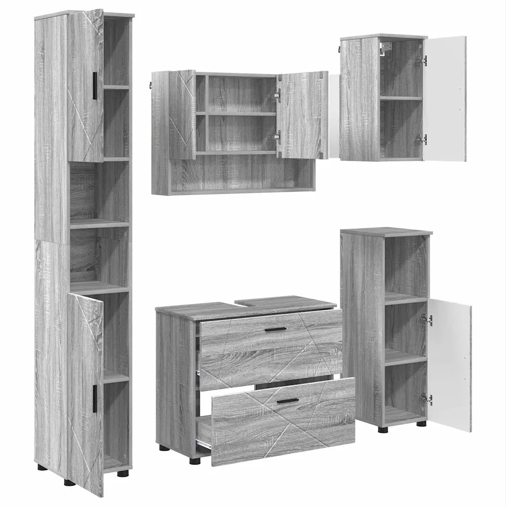 Set di mobili per il bagno con cassetto 5 pcs Grigio Sonoma